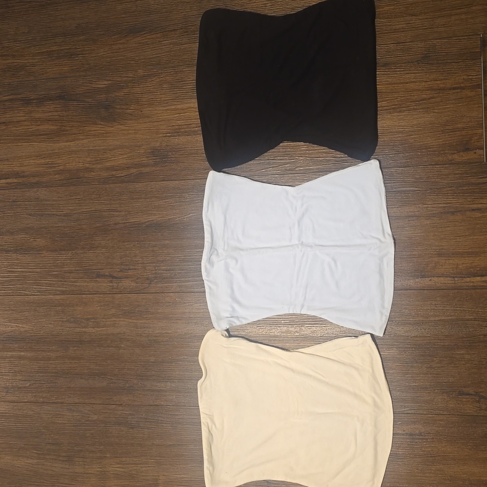 naked wardrobe- tunic tube tops in white, light blue and black. size small